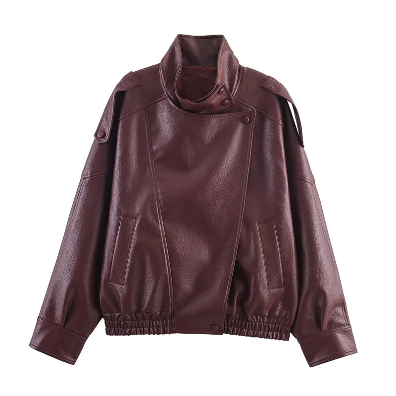 Premium Faux-Leather High-Neck Coat