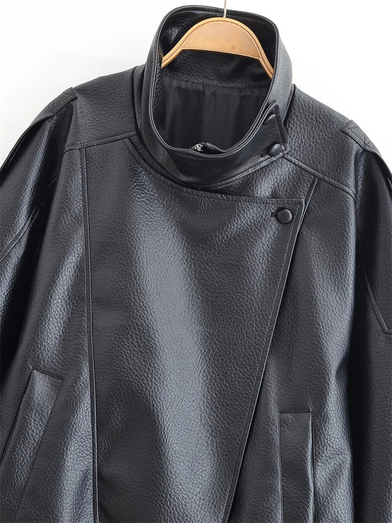 Premium Faux-Leather High-Neck Coat