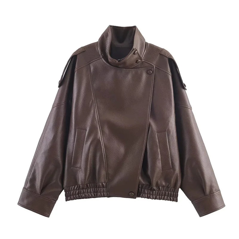 Premium Faux-Leather High-Neck Coat