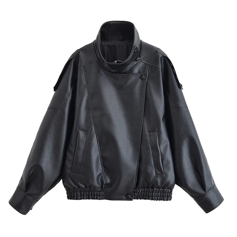 Premium Faux-Leather High-Neck Coat